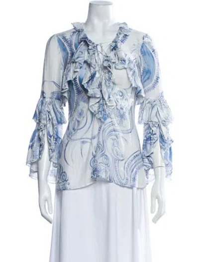 Pre-owned Pucci Printed Tie Neck Blouse In Blue/white