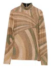 Pucci High Neck Long Sleeve Abstract Print Top In Brown