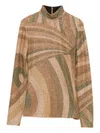 Pucci High Neck Long Sleeve Abstract Print Top In Gold