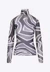 Pucci Semi Sheer Printed Long-sleeved High-neck Top In Black