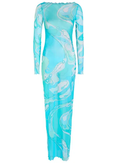 Pucci Printed Tulle Maxi Cover-up Dress In Blue