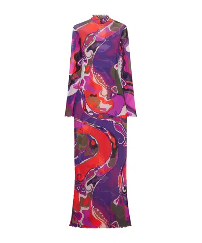 Pucci Printed Tulle Maxi Dress In Purple