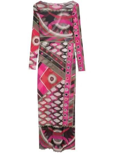 Pucci Printed Tulle Long Dress In Green,fuchsia