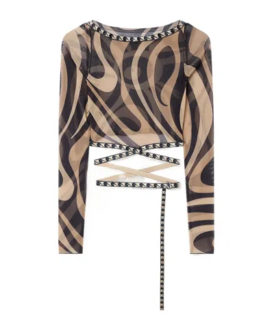 Pucci Printed Tulle Wrap Crop Top In Neutral