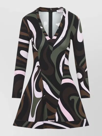 Pucci Printed V-neck Long-sleeve Mini Dress In Black