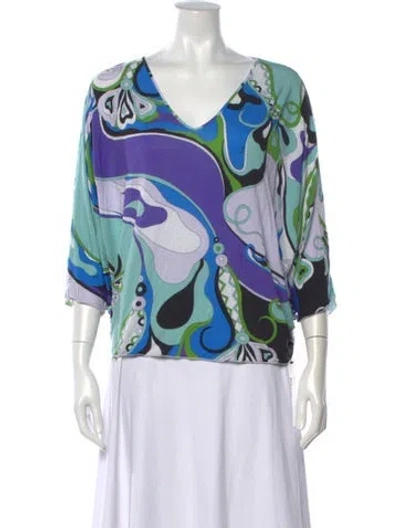 Pre-owned Pucci Printed V-neck Top In Blue/green