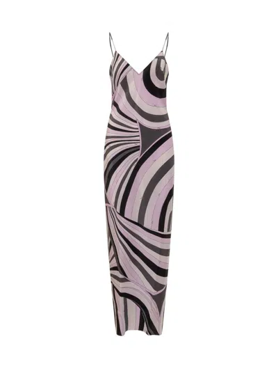 Pucci Long Silk Dress With Geometric Print In Pink
