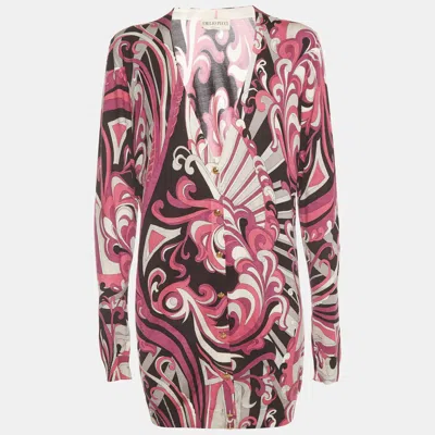 Pre-owned Pucci Purple Abstract Print Silk Knit V-neck Cardigan Xl