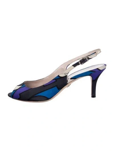Pre-owned Pucci Satin Graphic Print Slingback Sandals In Blue