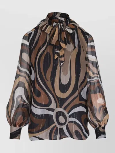 Pucci Sheer Top Abstract Pattern Bow Detail In Brown