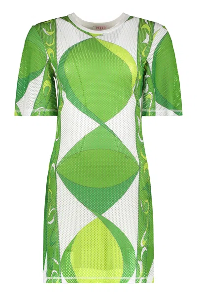 Pucci Short Summer Dress With Vibrant Graphic Pattern In Green