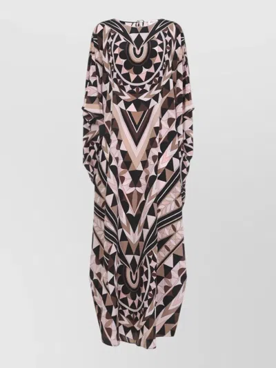 Pucci Silk Long Dress Kaftan Cape Sleeves In Brown
