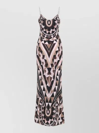 Pucci Silk Long Dress Signature Print Straps In Brown
