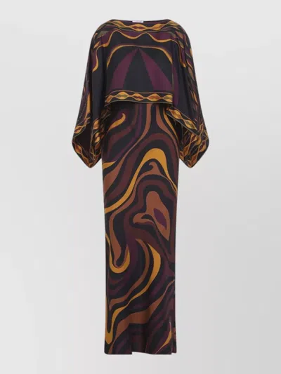 Pucci Marmo Print Silk Dress With Cape In Brown