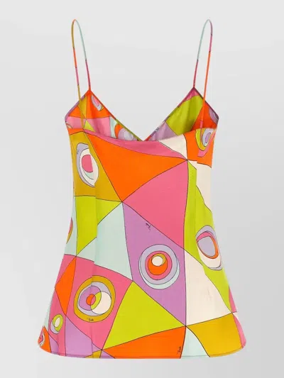Pucci Silk Top Geometric Pattern Spaghetti Straps V Neckline In Multi