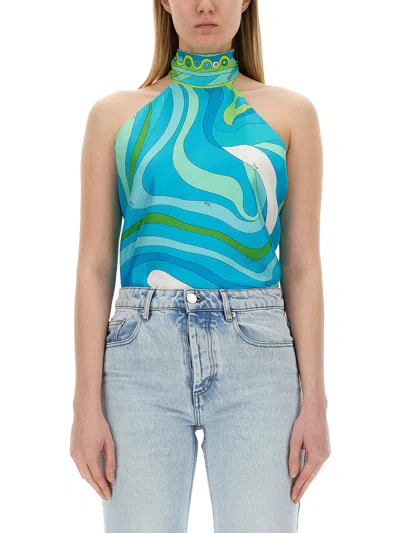 Pucci Silk Top With Marble Print In Azure