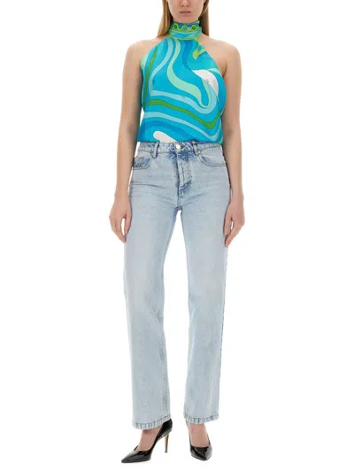 Pucci Silk Top With Marble Print In Turquoise