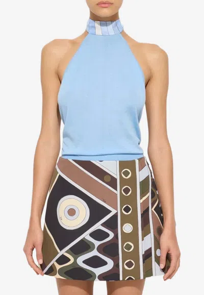 Pucci Printed Silk-trimmed Cotton Halterneck Top In Blue