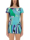 Pucci Slim Fit Green T-shirt With Vibrant Print And Off-shoulder Neckline