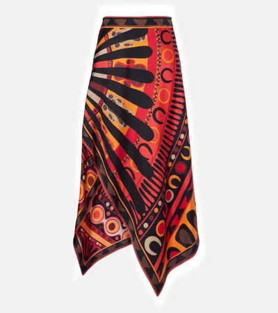 Pucci Soleil Asymmetric Silk Twill Midi Skirt In Multi