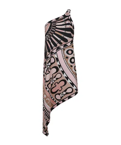 Pucci Soleil Print One-shoulder Satin Dress In Multi