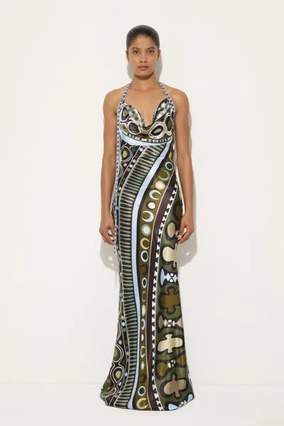 Pucci Soleil-print Satin Dress In Khaki Blue In Multi