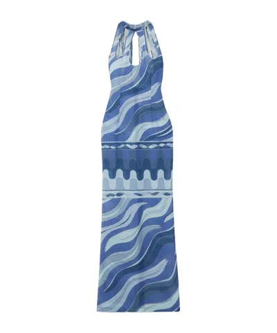 Pucci Swirl-printed Cut-out Halterneck Dress In Blue