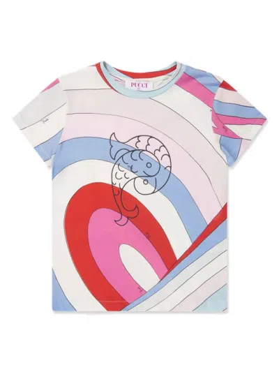 Pucci Kids' T-shirt With Fish Motif And Iris Print In Light Blue/multicolour
