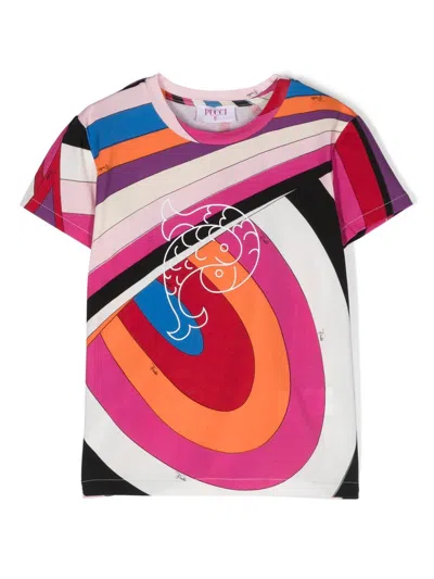 Pucci Kids' T-shirt With Fish Motif And Iris Print In Purple/multicolour
