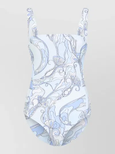 Pucci Technical Fabric One Piece Swimsuit Signature Print In Blue