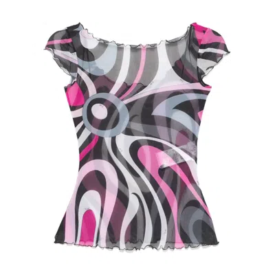 Pucci Tulle Top With Flared Hem And Abstract Pattern In Black