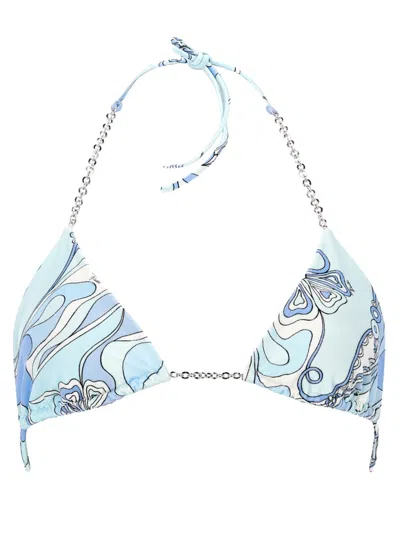 Pucci Triangle Bikini Top With Abstract Print And Beaded Straps In Blue
