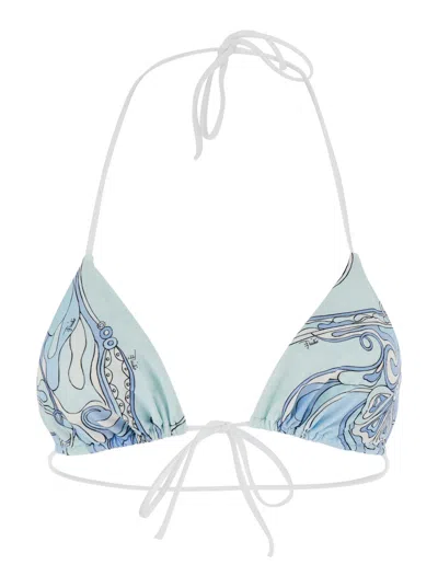 Pucci Triangular Bikini Top With All-over Orchidea Print In Stretch Tech Fabric For Women In Blue