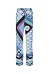 Pucci Printed Silk Pants With Roll-up Cuffs In Celeste/bianco