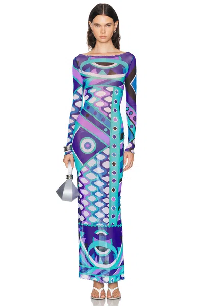 Pucci Tulle Long Sleeve Dress In Blue
