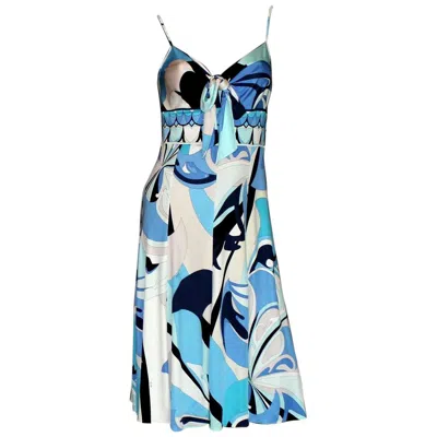 Pre-owned Pucci Unworn Beautiful Emilio  Signature Print Silk Jersey Bow Tie Dress 44 In Blue