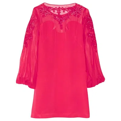 Pre-owned Pucci Unworn Emilio  Embroidered Cady & Chiffon Silk Dress 40 In Pink