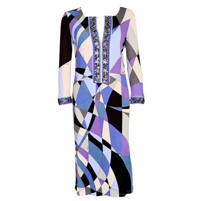 Pre-owned Pucci Unworn Emilio  Embroidered Signature Print Embellished Tunic Midi Dress 40 In Purple