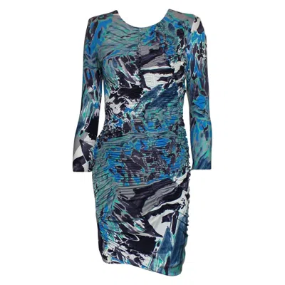 Pre-owned Pucci Unworn Emilio  Signature Print Ruched Silk Jersey Bodycon Dress 40 In Blue