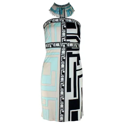 Pre-owned Pucci Unworn Emilio  S/s 2008 Signature Print Silk Dress Beaded Fringe Collar 42 In Gray