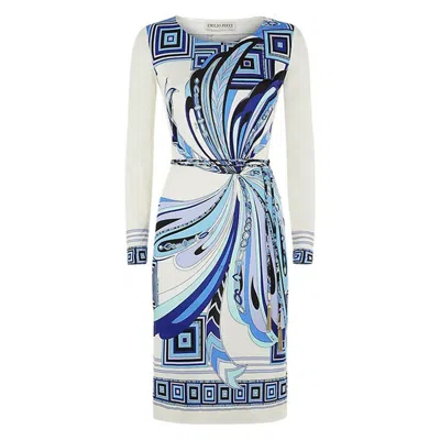 Pre-owned Pucci Unworn Emilio  Whites & Blues Signature Print Silk Dress With Belt In Gray