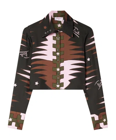 Pucci Valdimontone Print Silk Crop Shirt In Green