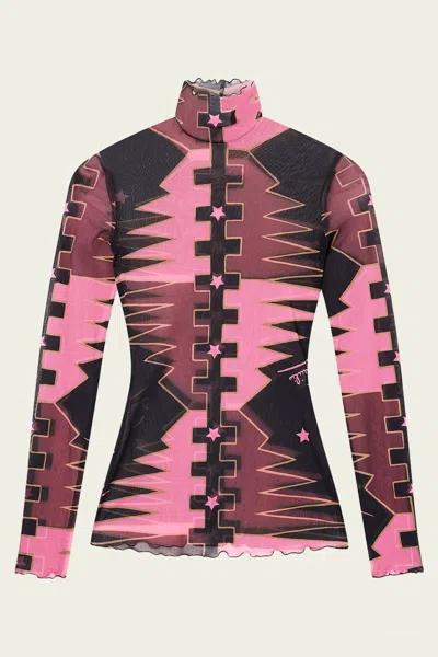 Pucci Valdimontone-print High-neck Tulle Top In Brown Coral In Pink