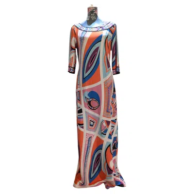 Pre-owned Pucci Vintage Emilio  Coloured Silk Psychelic Origami Print Long Dress In Brown