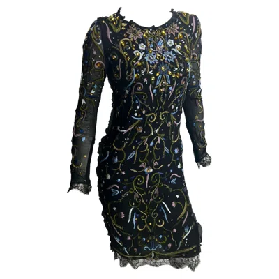 Pre-owned Pucci Vintage Emilio  Embroidered And Crystal Embellished Black Silk Dress