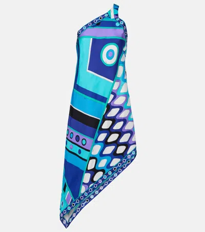 Pucci Vivara Asymmetric Silk Twill Midi Dress In Blue