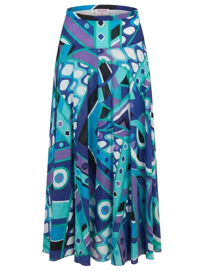 Pucci Vivara Print Long Cotton Skirt In Blue