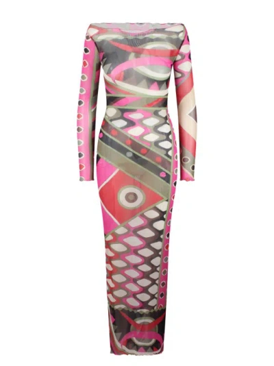 Pucci Vivara-print Long Mesh Dress In Khaki Fuxia