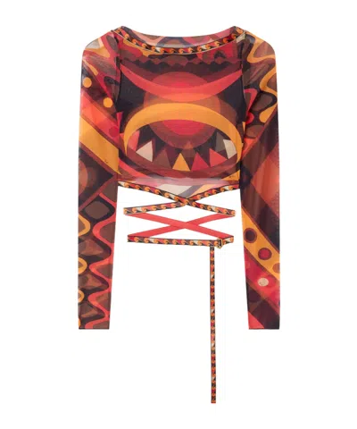 Pucci Vivara Print Tulle Crop Top In Brown