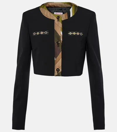 Pucci Vivara-printed Cropped Wool-blend Jacket In Black